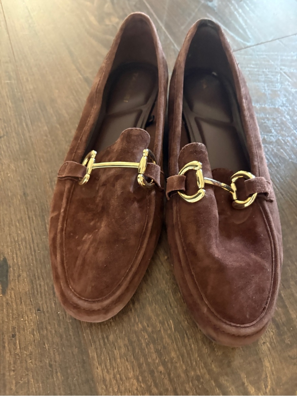 Tahari Brown Suede Loafers with Gold Bit Detail